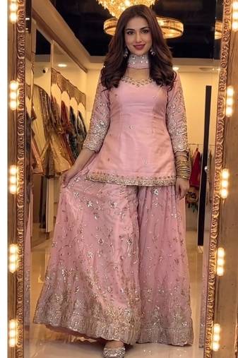 Baby pink embroidery Blend Tissue sharara 
