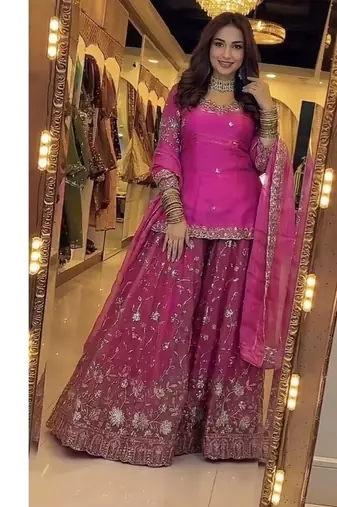 Rani pink embroidery Blend Tissue sharara 
