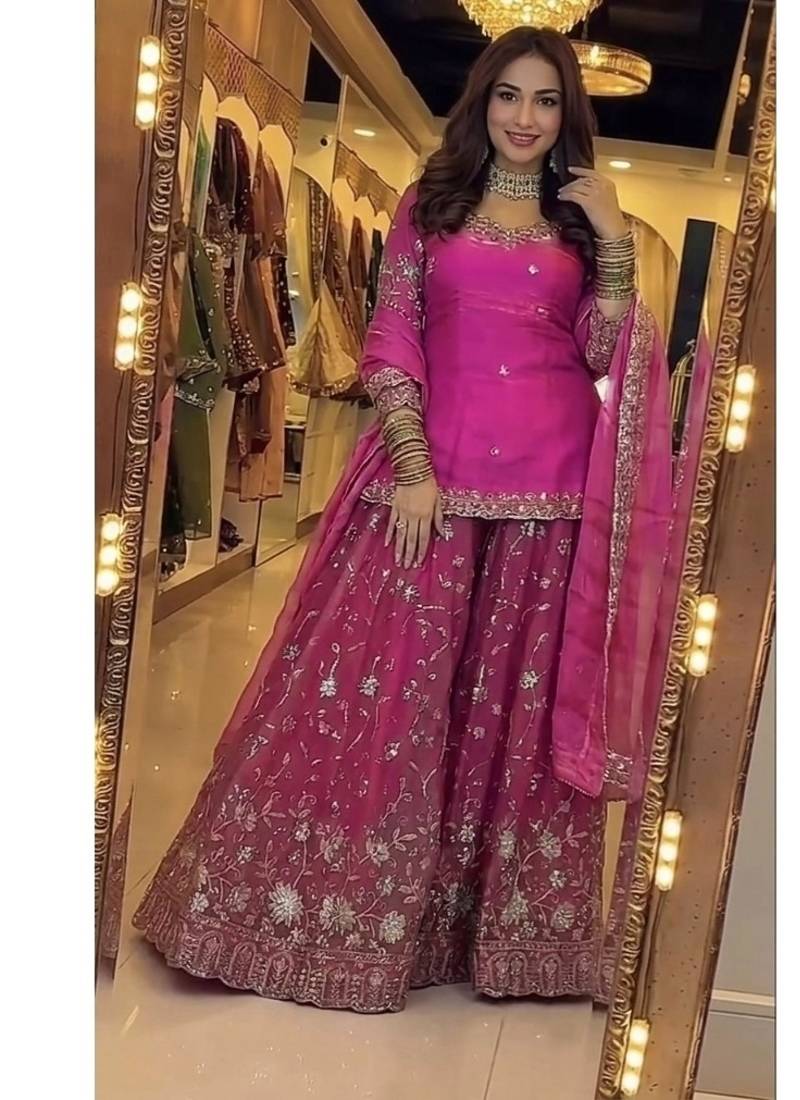 Rani pink embroidery Blend Tissue sharara 