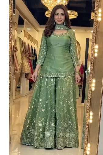 Green embroidery Blend Tissue sharara 