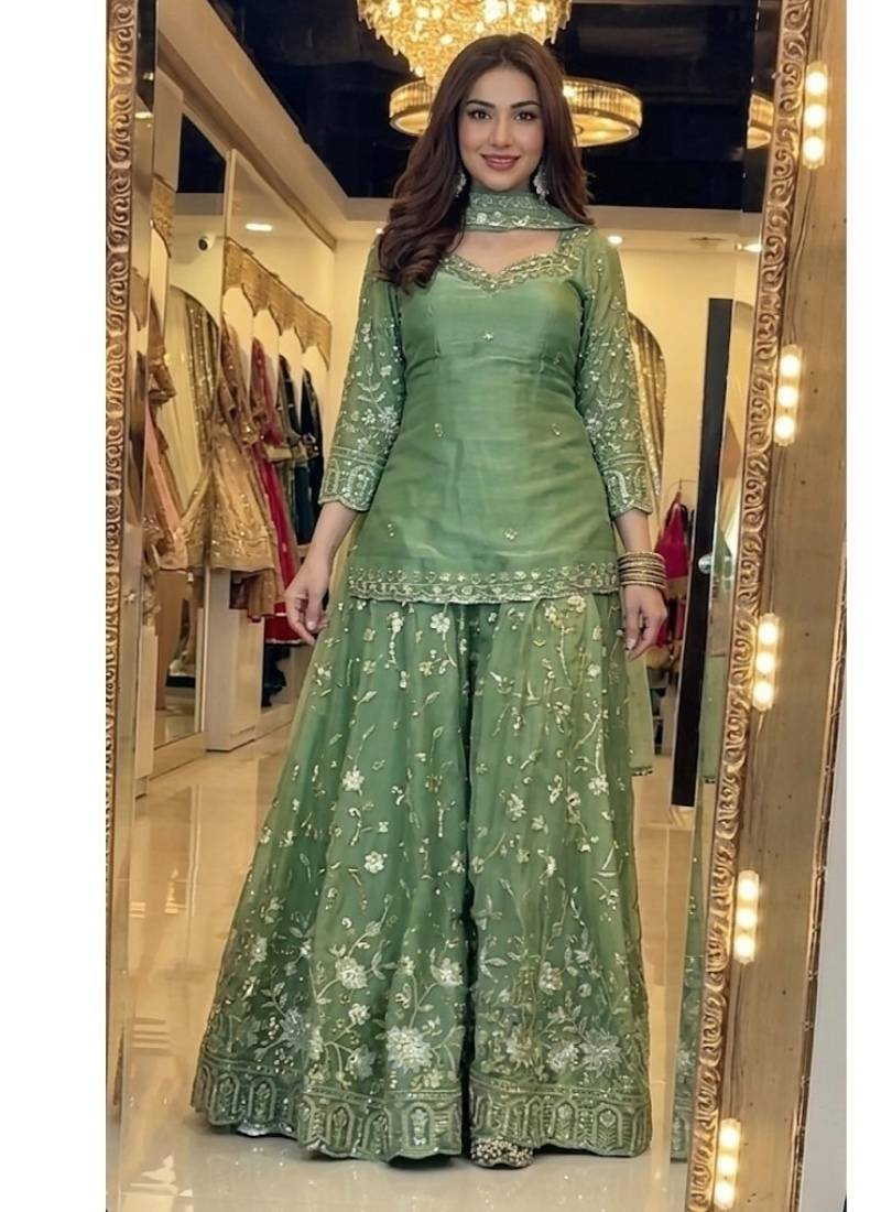 Green embroidery Blend Tissue sharara 