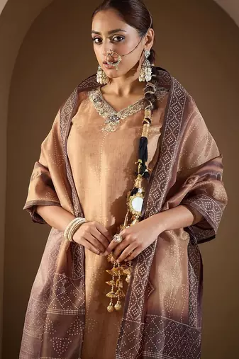 Women Bandhani Printed Regular Sequinned Kurta with Trousers & With Dupatta