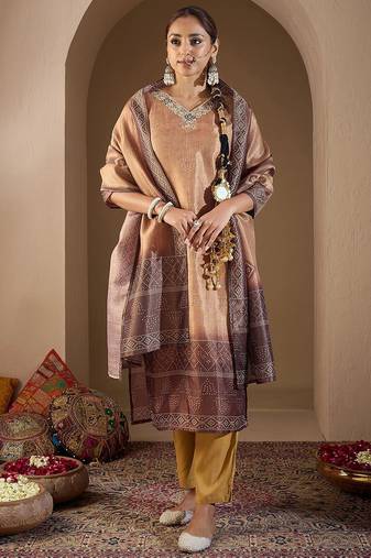 Women Bandhani Printed Regular Sequinned Kurta with Trousers & With Dupatta