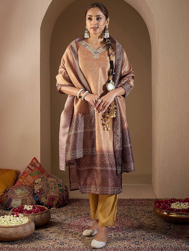 Women Bandhani Printed Regular Sequinned Kurta with Trousers & With Dupatta