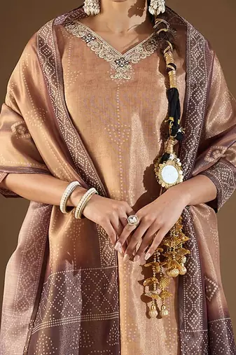 Women Bandhani Printed Regular Sequinned Kurta with Trousers & With Dupatta
