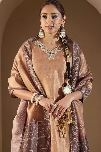 Women Bandhani Printed Regular Sequinned Kurta with Trousers & With Dupatta