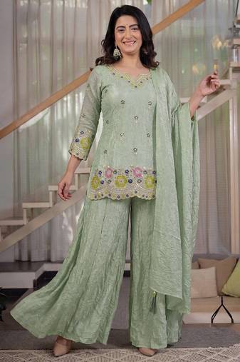 Light Green sequin Embroidery Work Silk Blend Salwar Suit
