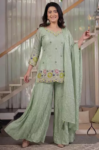Light Green sequin Embroidery Work Silk Blend Salwar Suit