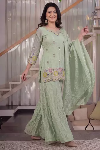 Light Green sequin Embroidery Work Silk Blend Salwar Suit