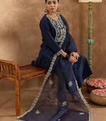 Floral Yoke Design Round Neck Straight Kurta With Trousers & Dupatta
