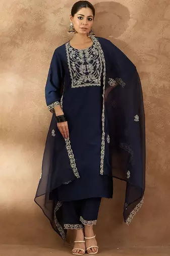 Floral Yoke Design Round Neck Straight Kurta With Trousers & Dupatta