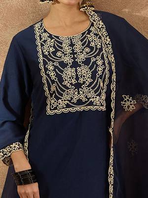 Floral Yoke Design Round Neck Straight Kurta With Trousers & Dupatta 3