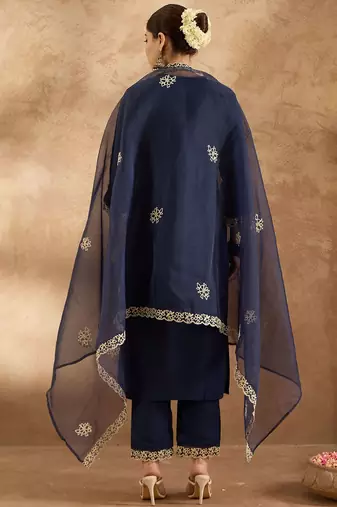 Floral Yoke Design Round Neck Straight Kurta With Trousers & Dupatta