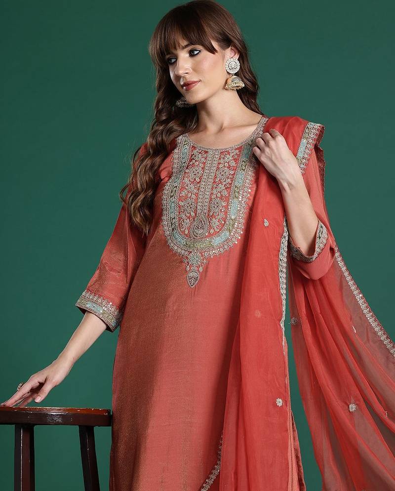 Ethnic Motifs Embroidered Sequinned Kurta with Trousers & With Dupatta