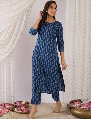 Ethnic Motifs Printed Round Neck Pure Cotton Kurta With Trousers 1