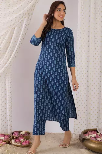 Ethnic Motifs Printed Round Neck Pure Cotton Kurta With Trousers