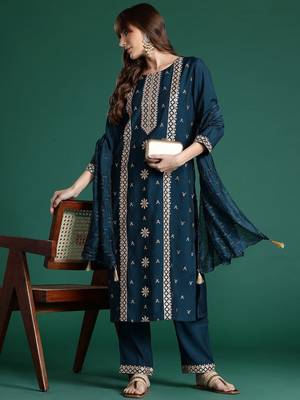 Ethnic Motifs Embroidered Panelled Sequinned Kurta with Trousers & With Dupatta 1