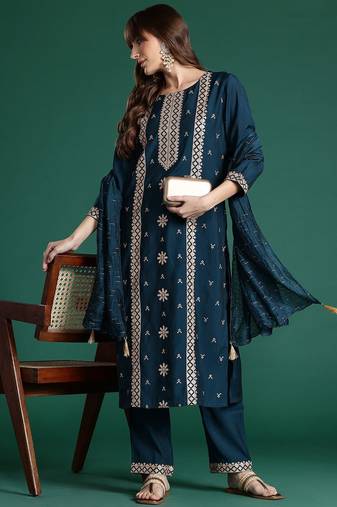Ethnic Motifs Embroidered Panelled Sequinned Kurta with Trousers & With Dupatta