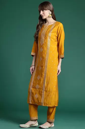 Ethnic Motifs Embroidered Regular Sequinned Kurta with Trousers & Dupatta