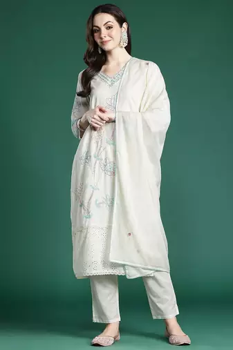 Floral Embroidered Thread Work Pure Cotton Kurta with Trousers & With Dupatta