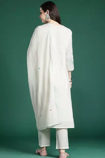 Floral Embroidered Thread Work Pure Cotton Kurta with Trousers & With Dupatta