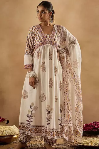 Women Floral Printed Empire Pure Cotton Kurta with Trousers & With Dupatta
