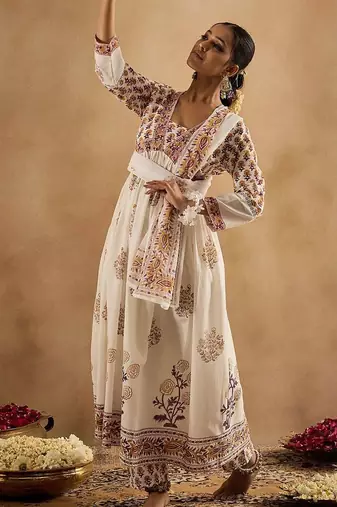 Women Floral Printed Empire Pure Cotton Kurta with Trousers & With Dupatta