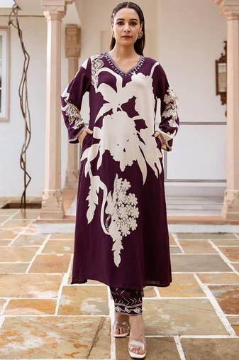 Floral Printed Regular Beads and Stones Kurta with Salwar