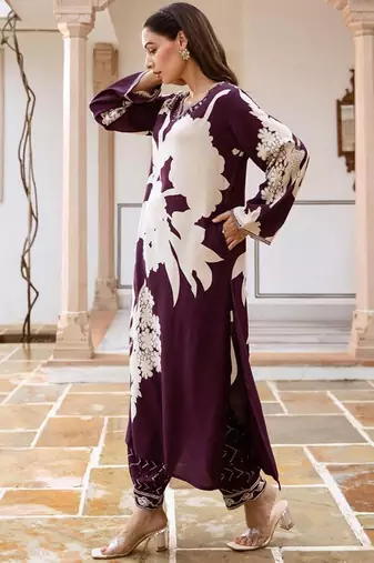 Floral Printed Regular Beads and Stones Kurta with Salwar