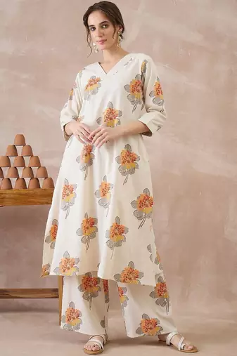 Printed V-Neck A-Line Top With Palazzos Co-Ords
