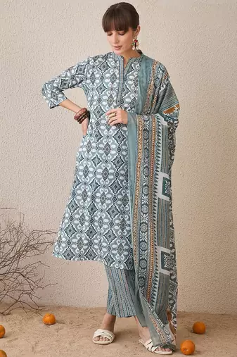Abstract Printed Pure Cotton Straight Kurta With Trousers & Dupatta