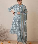 Abstract Printed Pure Cotton Straight Kurta With Trousers & Dupatta