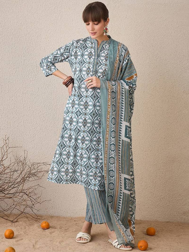 Abstract Printed Pure Cotton Straight Kurta With Trousers & Dupatta