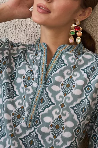 Abstract Printed Pure Cotton Straight Kurta With Trousers & Dupatta