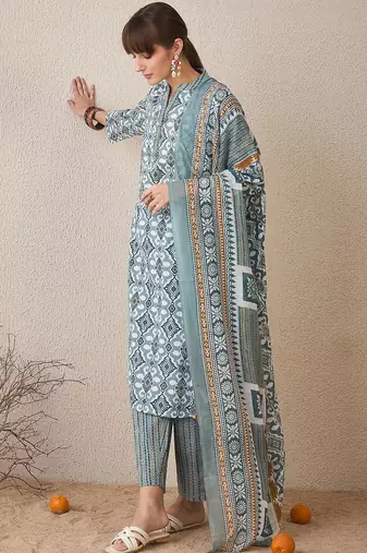 Abstract Printed Pure Cotton Straight Kurta With Trousers & Dupatta