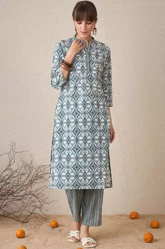 Abstract Printed Pure Cotton Straight Kurta With Trousers & Dupatta
