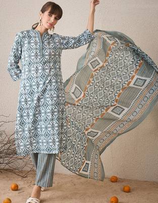 Abstract Printed Pure Cotton Straight Kurta With Trousers & Dupatta 6