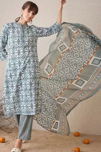 Abstract Printed Pure Cotton Straight Kurta With Trousers & Dupatta