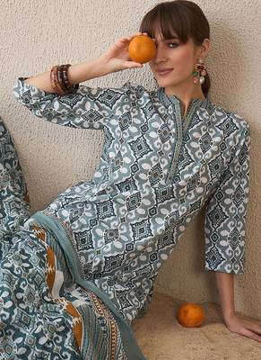 Abstract Printed Pure Cotton Straight Kurta With Trousers & Dupatta 7