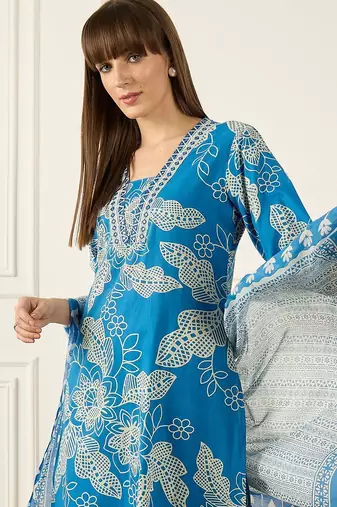 Floral Printed V-Neck Regular  Cotton A-Line Kurta With Trousers & Dupatta