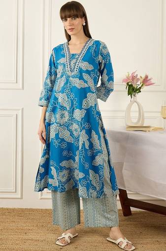 Floral Printed V-Neck Regular  Cotton A-Line Kurta With Trousers & Dupatta