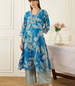 Floral Printed V-Neck Regular  Cotton A-Line Kurta With Trousers & Dupatta