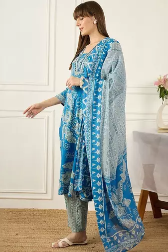 Floral Printed V-Neck Regular  Cotton A-Line Kurta With Trousers & Dupatta