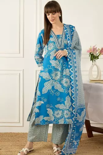 Floral Printed V-Neck Regular  Cotton A-Line Kurta With Trousers & Dupatta