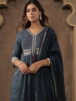Women Ethnic Motifs Embroidered Cotton A-Line Kurta with Trousers & Dupatta 2