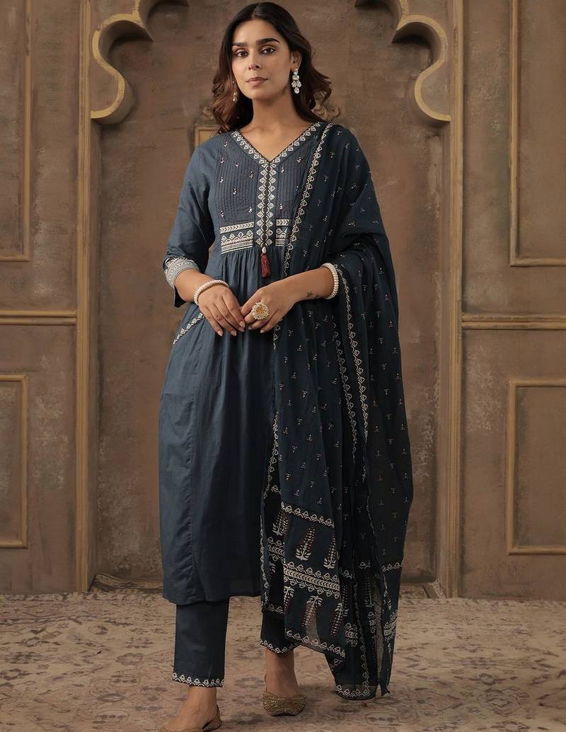 Women Ethnic Motifs Embroidered Cotton A-Line Kurta with Trousers & Dupatta