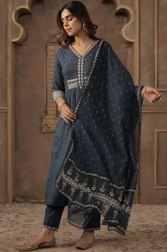 Women Ethnic Motifs Embroidered Cotton A-Line Kurta with Trousers & Dupatta