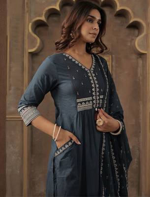 Women Ethnic Motifs Embroidered Cotton A-Line Kurta with Trousers & Dupatta 4