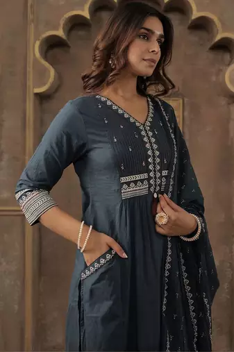 Women Ethnic Motifs Embroidered Cotton A-Line Kurta with Trousers & Dupatta