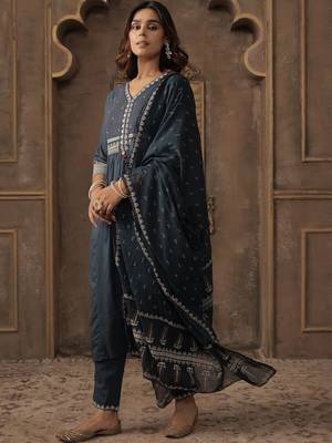 Women Ethnic Motifs Embroidered Cotton A-Line Kurta with Trousers & Dupatta 5